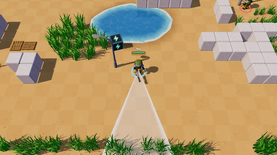A brawler by a pond in a desert arena, aiming a shotgun