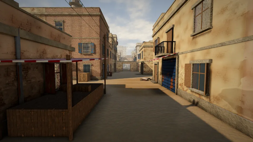 A sunlit alley in a sandstone desert town