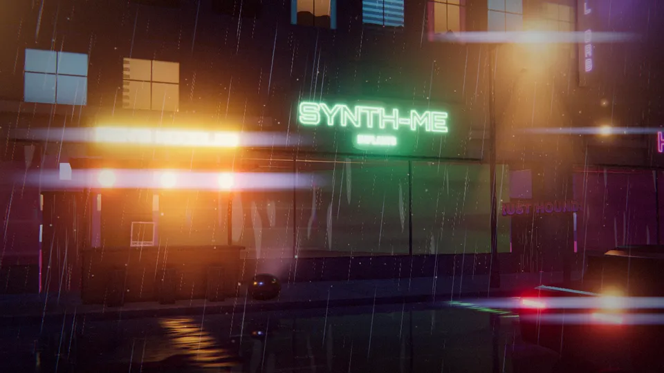 A rain-soaked neon street at night with glowing shop signs