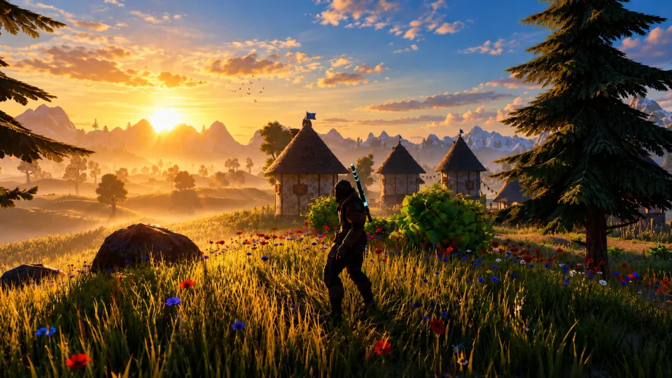 Sunrise over the Windmere vale: thatched towers, a hero in a meadow of poppies